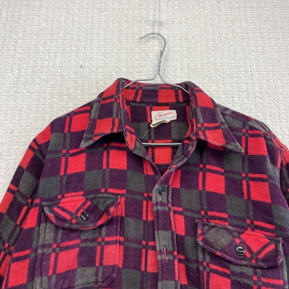 Vintage 60s Champion Flannel Shirt Red Plaid Button Front Workwear Sz 16.5 Read - Picture 2 of 16